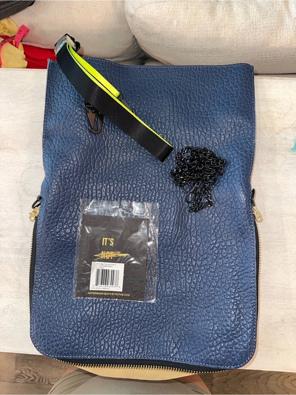 Navy Textured Crossbody Bag with Neon Accent